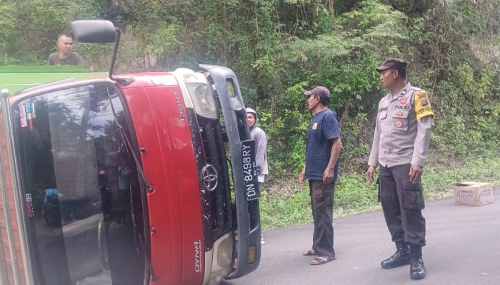 Tak Kuat Menanjak, Truk Beruatan Air Minum Kemasan Terguling di Tanjakan Keles