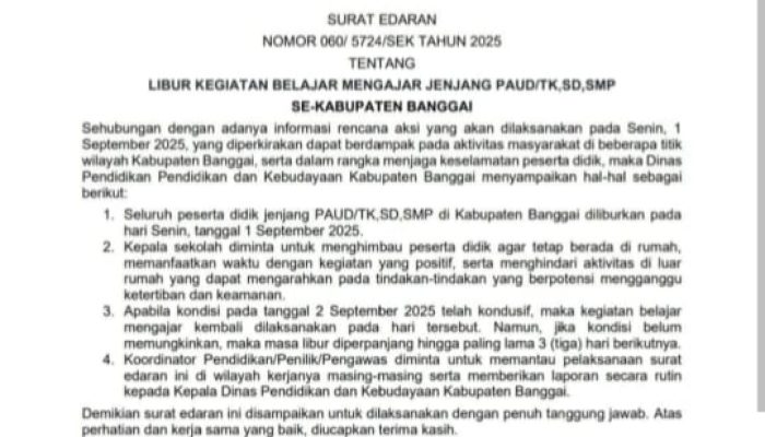 Dinas Pendidikan Banggai Keluarkan Surat Edaran, Sekolah Diliburkan 1 September 2025